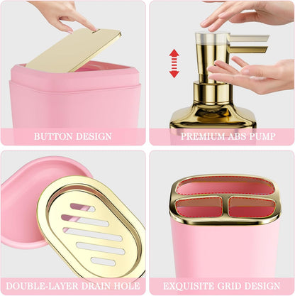 Bathroom Set - 11PC Bathroom Accessory Set, Bathroom Accessories Set, Pink Bathroom Set, Push-lid Trash Can, 3PC Soap Dispensers, Toilet Brush & Q-tip Holders
