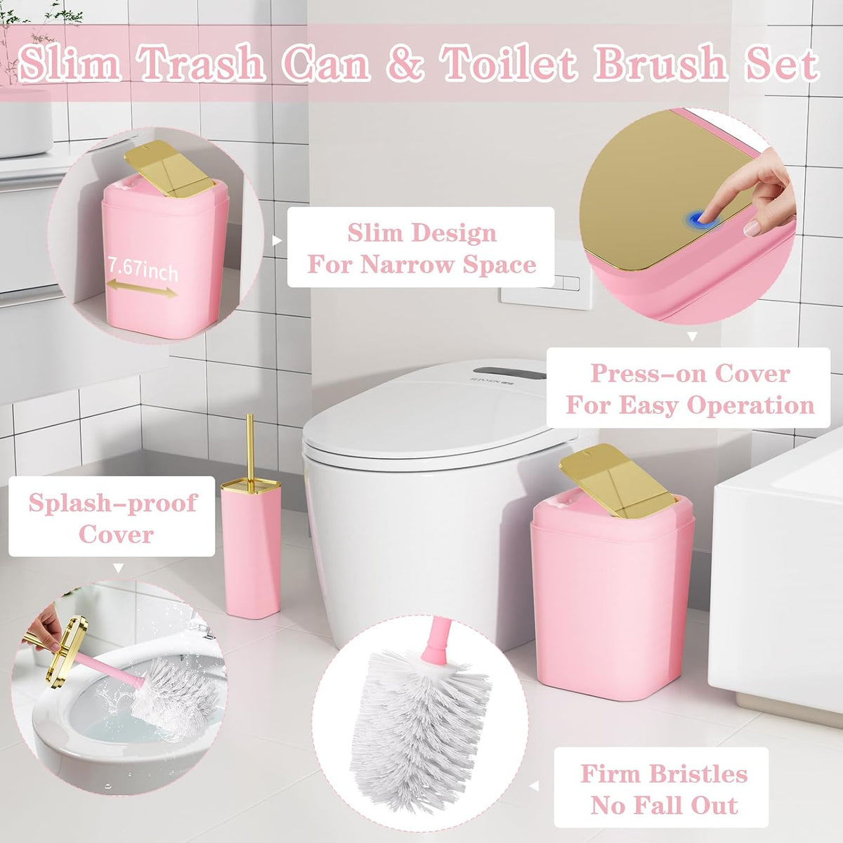 Bathroom Set - 11PC Bathroom Accessory Set, Bathroom Accessories Set, Pink Bathroom Set, Push-lid Trash Can, 3PC Soap Dispensers, Toilet Brush & Q-tip Holders