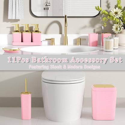 Bathroom Set - 11PC Bathroom Accessory Set, Bathroom Accessories Set, Pink Bathroom Set, Push-lid Trash Can, 3PC Soap Dispensers, Toilet Brush & Q-tip Holders