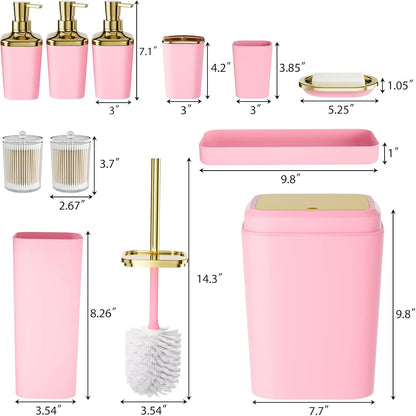 Bathroom Set - 11PC Bathroom Accessory Set, Bathroom Accessories Set, Pink Bathroom Set, Push-lid Trash Can, 3PC Soap Dispensers, Toilet Brush & Q-tip Holders