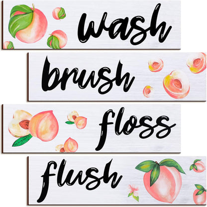 4 Pcs Peach Bathroom Wall Decor, Wooden Peach Bathroom Decor Rustic Wash Brush Floss Flush Hanging Letter Art Farmhouse Wood Hanging Signs for Laundry Room(11.8 x 3.5 Inch)