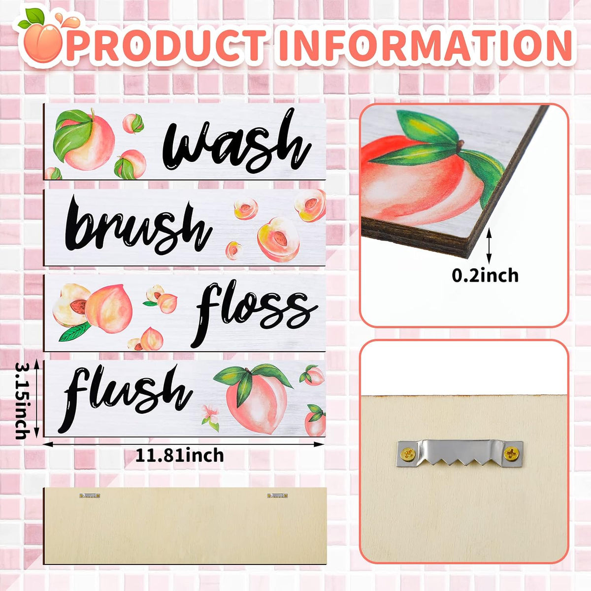 4 Pcs Peach Bathroom Wall Decor, Wooden Peach Bathroom Decor Rustic Wash Brush Floss Flush Hanging Letter Art Farmhouse Wood Hanging Signs for Laundry Room(11.8 x 3.5 Inch)