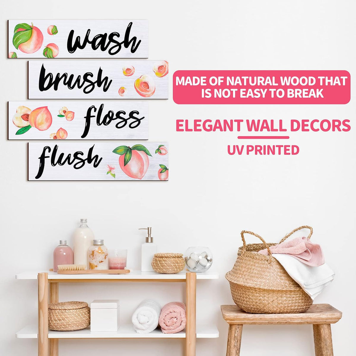 4 Pcs Peach Bathroom Wall Decor, Wooden Peach Bathroom Decor Rustic Wash Brush Floss Flush Hanging Letter Art Farmhouse Wood Hanging Signs for Laundry Room(11.8 x 3.5 Inch)