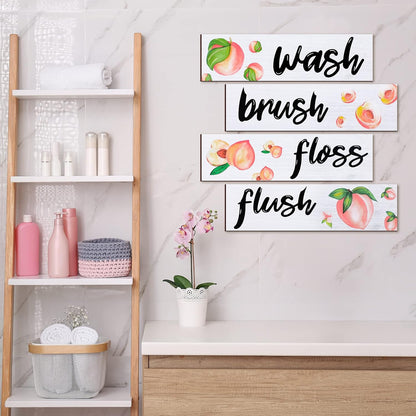 4 Pcs Peach Bathroom Wall Decor, Wooden Peach Bathroom Decor Rustic Wash Brush Floss Flush Hanging Letter Art Farmhouse Wood Hanging Signs for Laundry Room(11.8 x 3.5 Inch)