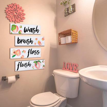 4 Pcs Peach Bathroom Wall Decor, Wooden Peach Bathroom Decor Rustic Wash Brush Floss Flush Hanging Letter Art Farmhouse Wood Hanging Signs for Laundry Room(11.8 x 3.5 Inch)