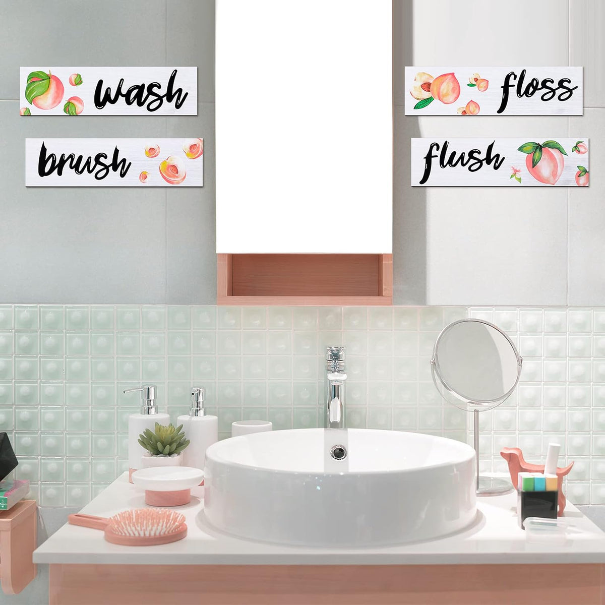 4 Pcs Peach Bathroom Wall Decor, Wooden Peach Bathroom Decor Rustic Wash Brush Floss Flush Hanging Letter Art Farmhouse Wood Hanging Signs for Laundry Room(11.8 x 3.5 Inch)