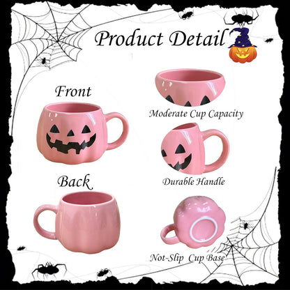 Halloween Mug Novelty Pumpkin Mug 3D Cute Ceramic Pink Cup Halloween Coffee Cup Spooky Fall Decor and Christmas Birthdays Perfect Gifts for Kids and Adults Men Women (Pink)
