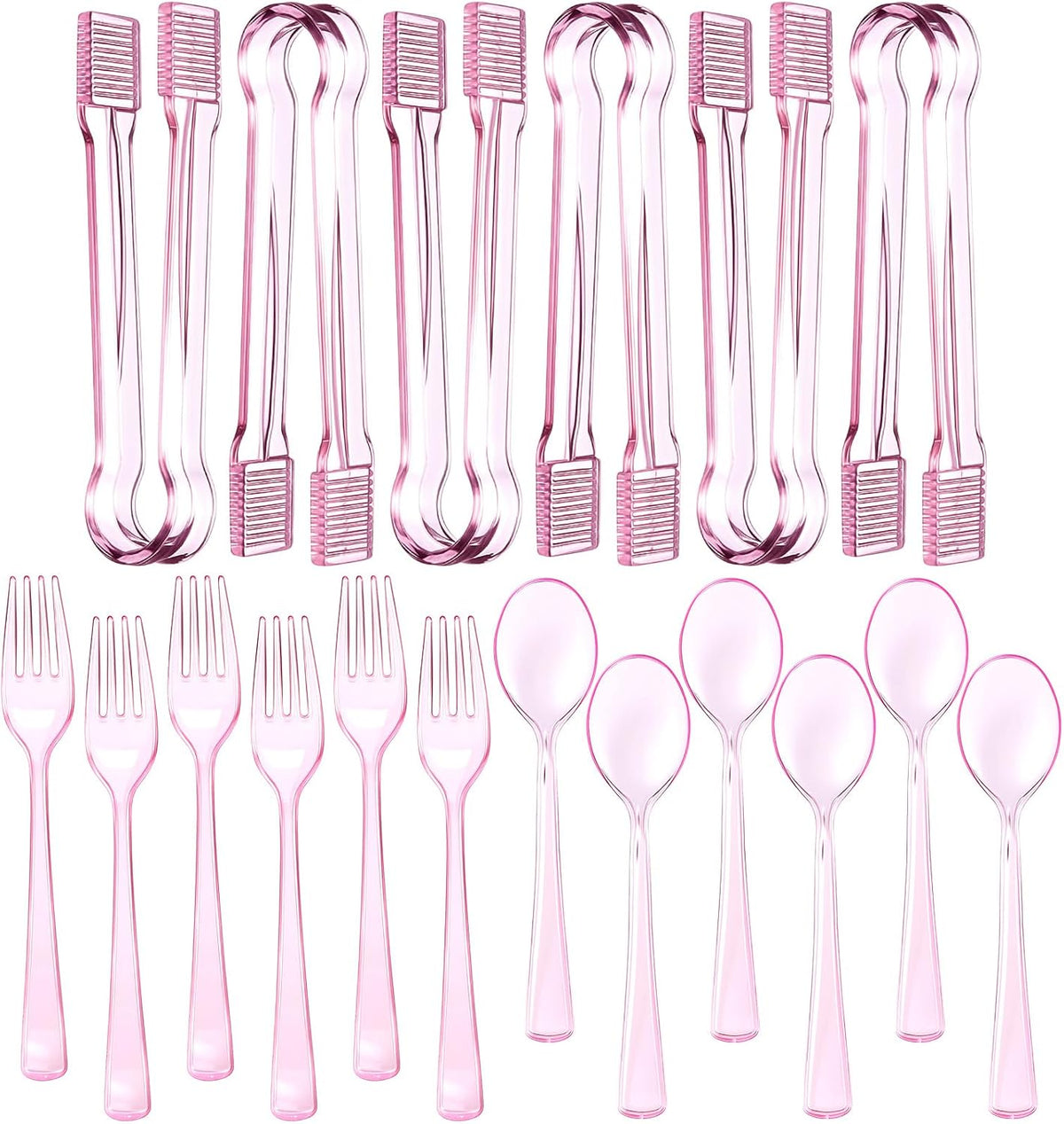18 Pcs Pink Plastic Silverware Set Disposable Clear Mini Serving Utensils 6 Serving Tongs 6 Spoons 6 Forks for Birthday Wedding Baby Shower Bridal Kitchen Food Ice Salad Buffet Party