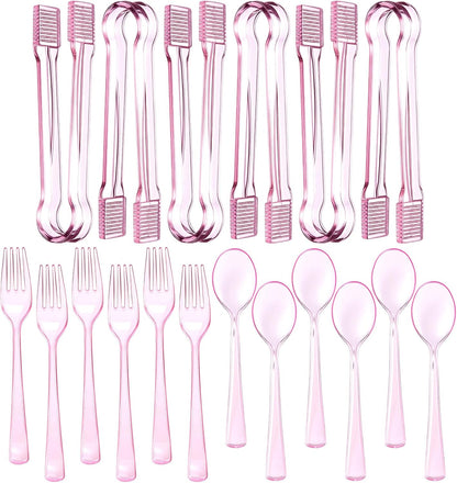 18 Pcs Pink Plastic Silverware Set Disposable Clear Mini Serving Utensils 6 Serving Tongs 6 Spoons 6 Forks for Birthday Wedding Baby Shower Bridal Kitchen Food Ice Salad Buffet Party