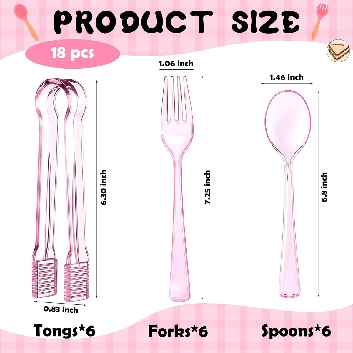 18 Pcs Pink Plastic Silverware Set Disposable Clear Mini Serving Utensils 6 Serving Tongs 6 Spoons 6 Forks for Birthday Wedding Baby Shower Bridal Kitchen Food Ice Salad Buffet Party
