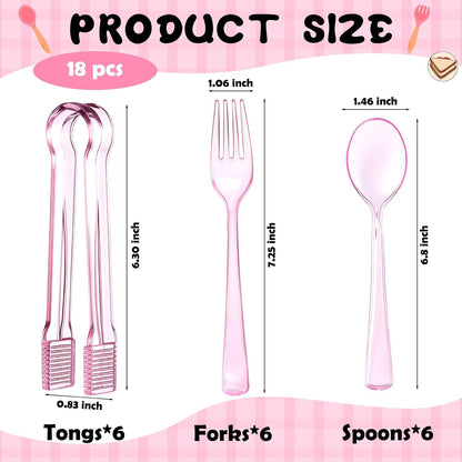 18 Pcs Pink Plastic Silverware Set Disposable Clear Mini Serving Utensils 6 Serving Tongs 6 Spoons 6 Forks for Birthday Wedding Baby Shower Bridal Kitchen Food Ice Salad Buffet Party