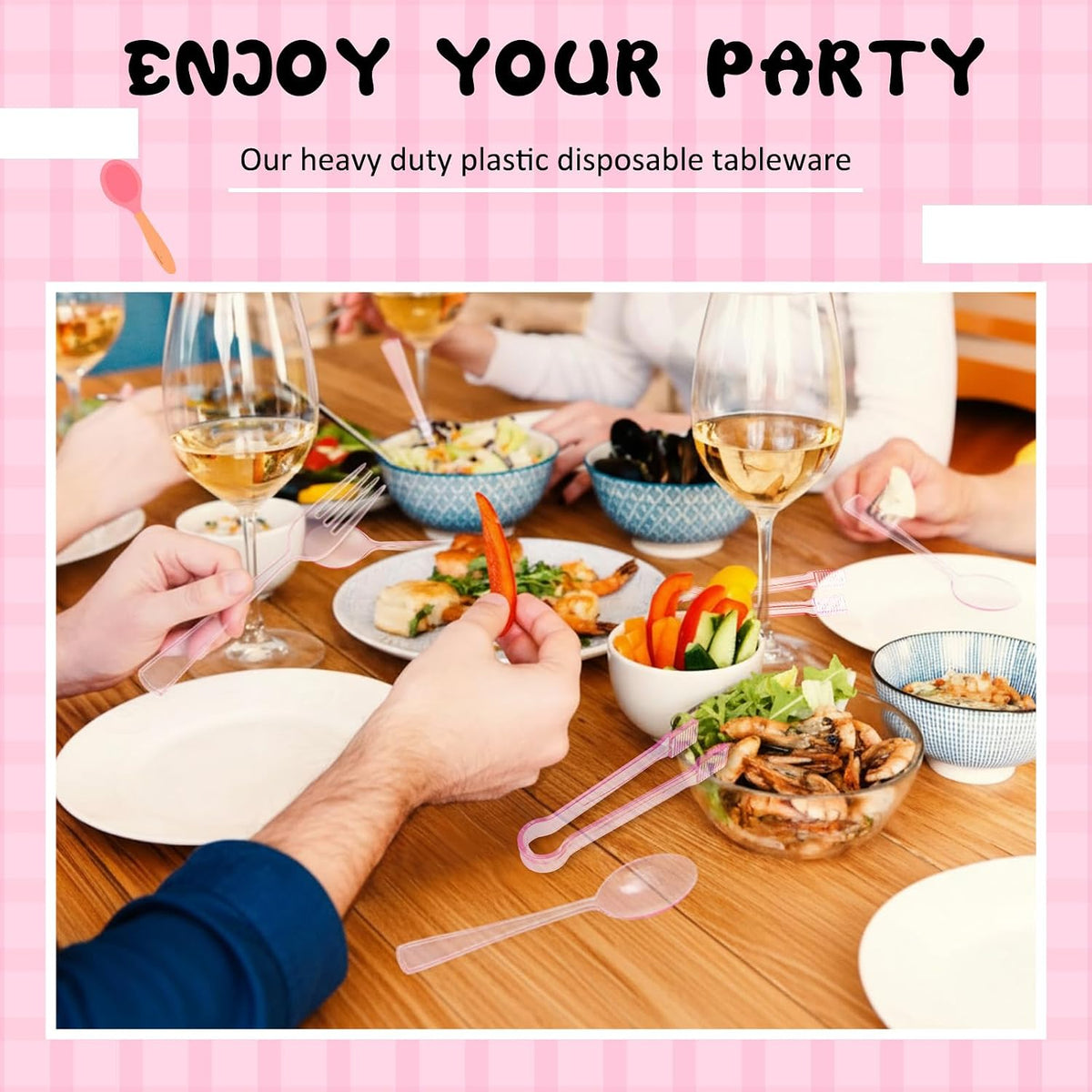 18 Pcs Pink Plastic Silverware Set Disposable Clear Mini Serving Utensils 6 Serving Tongs 6 Spoons 6 Forks for Birthday Wedding Baby Shower Bridal Kitchen Food Ice Salad Buffet Party
