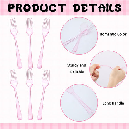18 Pcs Pink Plastic Silverware Set Disposable Clear Mini Serving Utensils 6 Serving Tongs 6 Spoons 6 Forks for Birthday Wedding Baby Shower Bridal Kitchen Food Ice Salad Buffet Party