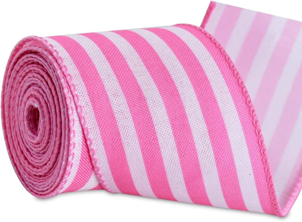 2.5 Inch Pink Stripe Burlap Wired Ribbon, Summer Spring Easter Ribbon for Gift Wrapping, Wreath Bows Making, Crafts, Baby Shower, Home Decoration, Easter Decor (Pink, 6yds)