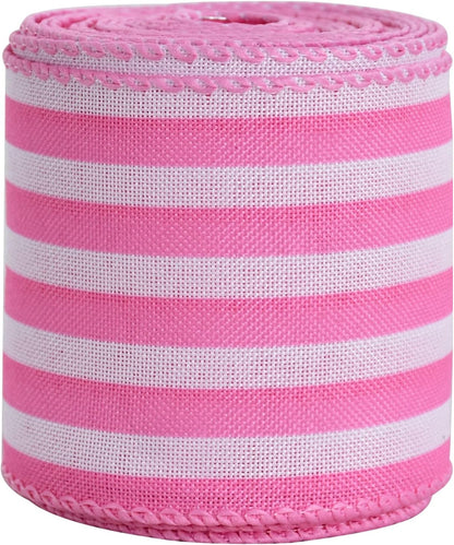 2.5 Inch Pink Stripe Burlap Wired Ribbon, Summer Spring Easter Ribbon for Gift Wrapping, Wreath Bows Making, Crafts, Baby Shower, Home Decoration, Easter Decor (Pink, 6yds)