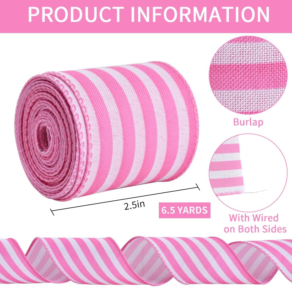 2.5 Inch Pink Stripe Burlap Wired Ribbon, Summer Spring Easter Ribbon for Gift Wrapping, Wreath Bows Making, Crafts, Baby Shower, Home Decoration, Easter Decor (Pink, 6yds)