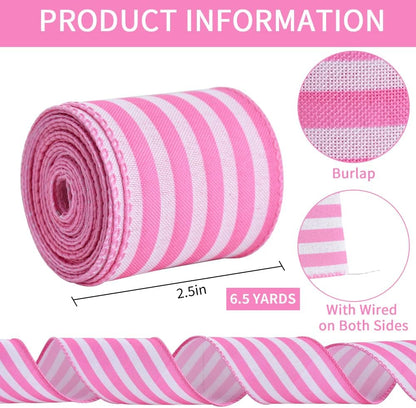 2.5 Inch Pink Stripe Burlap Wired Ribbon, Summer Spring Easter Ribbon for Gift Wrapping, Wreath Bows Making, Crafts, Baby Shower, Home Decoration, Easter Decor (Pink, 6yds)