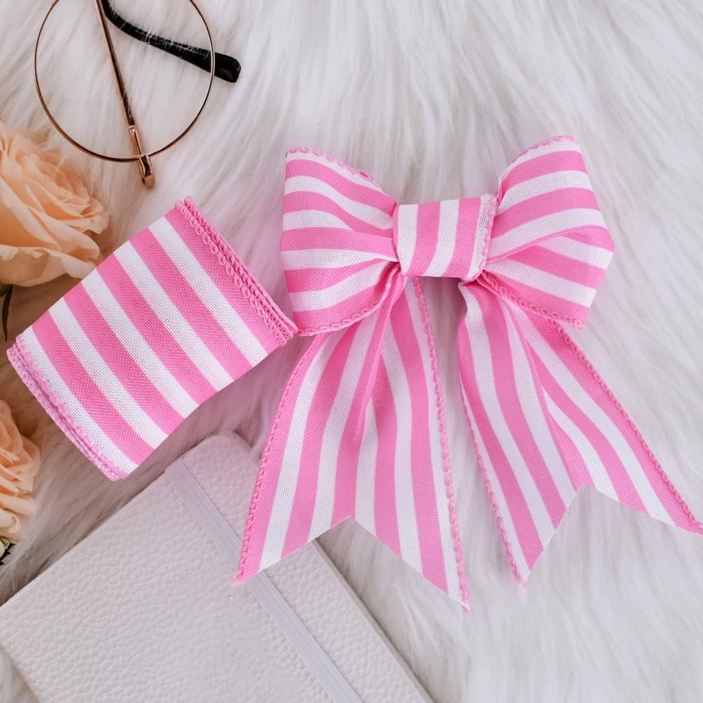 2.5 Inch Pink Stripe Burlap Wired Ribbon, Summer Spring Easter Ribbon for Gift Wrapping, Wreath Bows Making, Crafts, Baby Shower, Home Decoration, Easter Decor (Pink, 6yds)