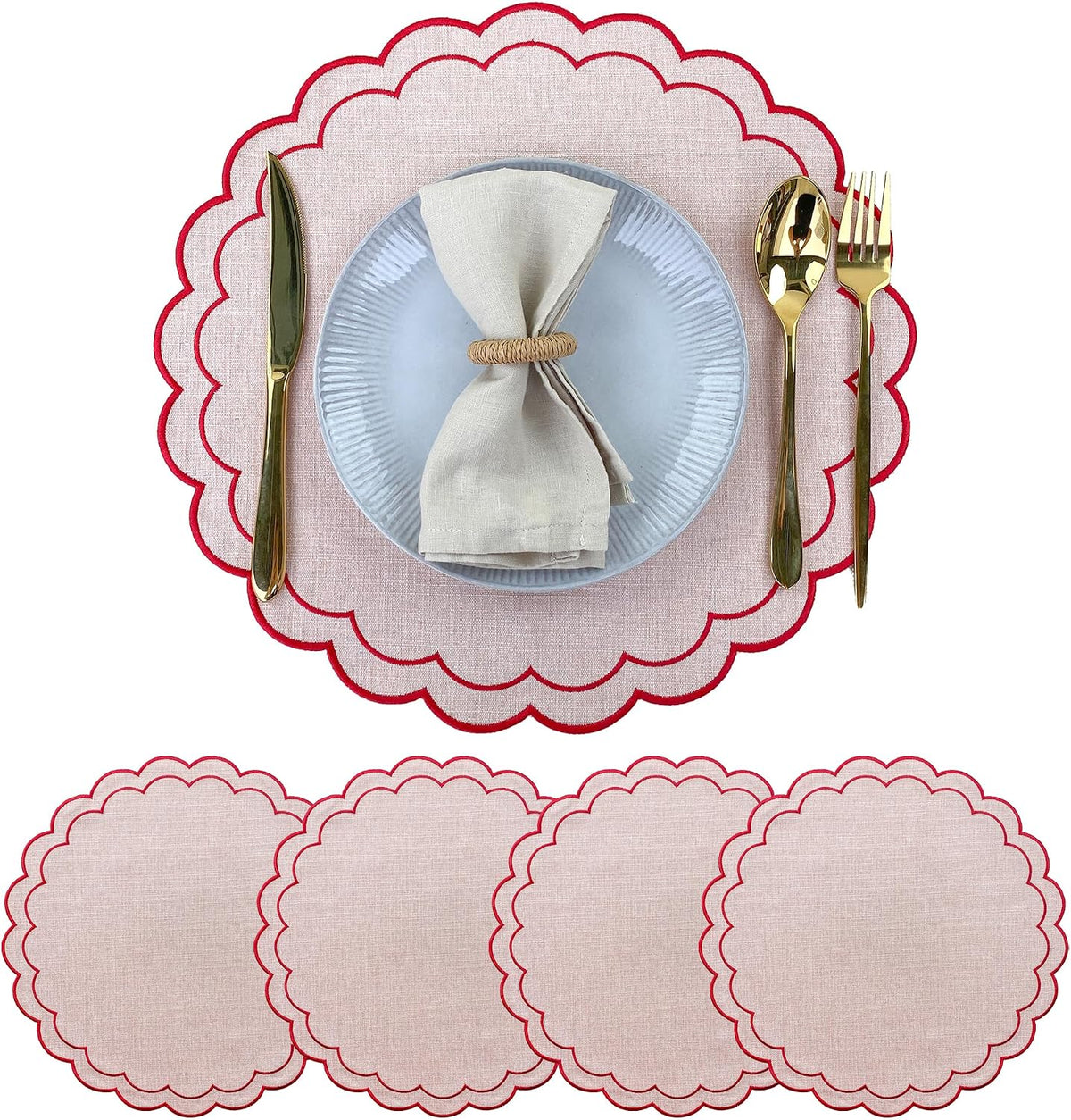 Linen Cotton Placemats Set of 4 Scalloped Flower Embroidery Place Mats 15'' Natural Linen Texture Fabric Machine Washable Table Mats for Restaurant Kitchen,Table Decor(Powder Pink)