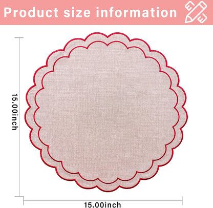 Linen Cotton Placemats Set of 4 Scalloped Flower Embroidery Place Mats 15'' Natural Linen Texture Fabric Machine Washable Table Mats for Restaurant Kitchen,Table Decor(Powder Pink)
