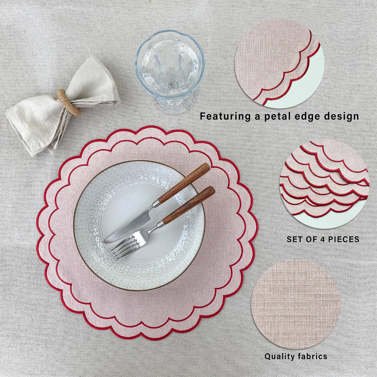 Linen Cotton Placemats Set of 4 Scalloped Flower Embroidery Place Mats 15'' Natural Linen Texture Fabric Machine Washable Table Mats for Restaurant Kitchen,Table Decor(Powder Pink)