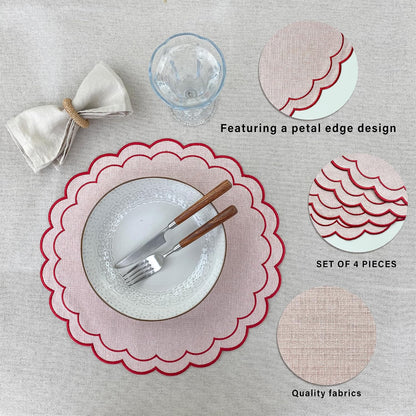 Linen Cotton Placemats Set of 4 Scalloped Flower Embroidery Place Mats 15'' Natural Linen Texture Fabric Machine Washable Table Mats for Restaurant Kitchen,Table Decor(Powder Pink)