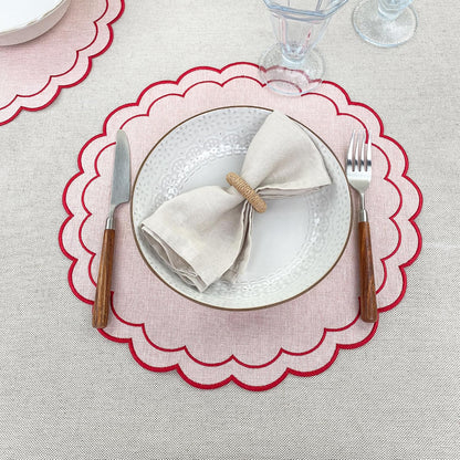 Linen Cotton Placemats Set of 4 Scalloped Flower Embroidery Place Mats 15'' Natural Linen Texture Fabric Machine Washable Table Mats for Restaurant Kitchen,Table Decor(Powder Pink)