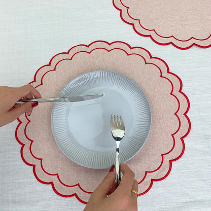 Linen Cotton Placemats Set of 4 Scalloped Flower Embroidery Place Mats 15'' Natural Linen Texture Fabric Machine Washable Table Mats for Restaurant Kitchen,Table Decor(Powder Pink)