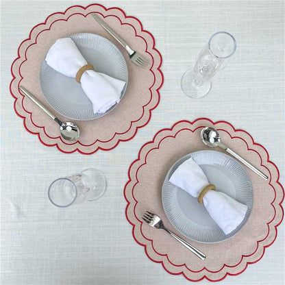 Linen Cotton Placemats Set of 4 Scalloped Flower Embroidery Place Mats 15'' Natural Linen Texture Fabric Machine Washable Table Mats for Restaurant Kitchen,Table Decor(Powder Pink)