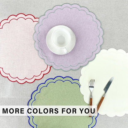 Linen Cotton Placemats Set of 4 Scalloped Flower Embroidery Place Mats 15'' Natural Linen Texture Fabric Machine Washable Table Mats for Restaurant Kitchen,Table Decor(Powder Pink)