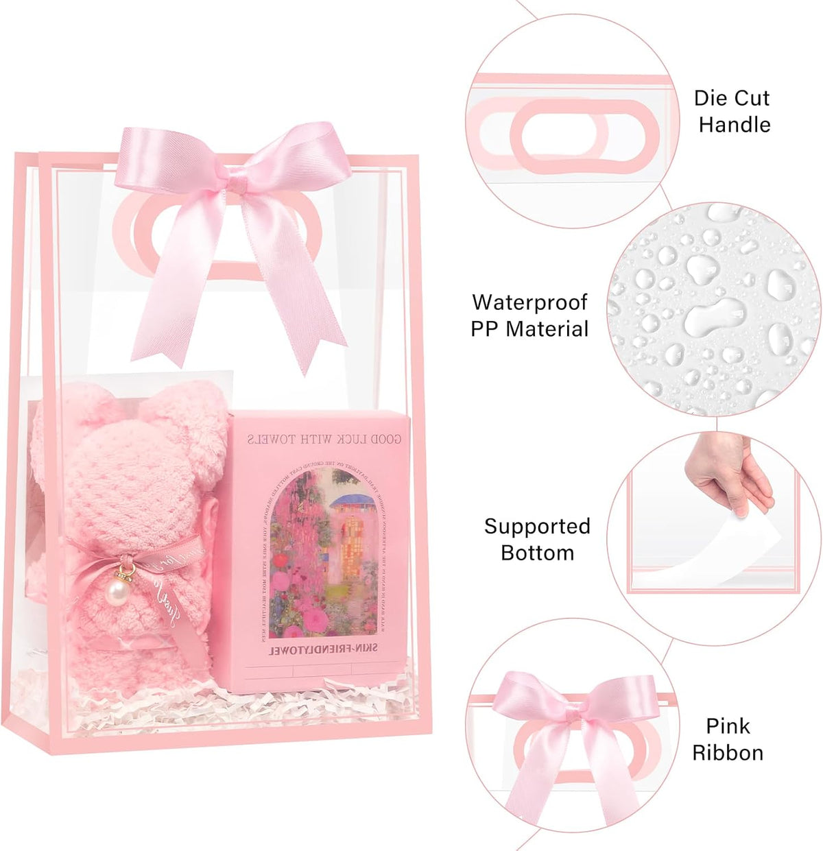 12 PCS Clear Plastic Gift Bags with Handles, Pink