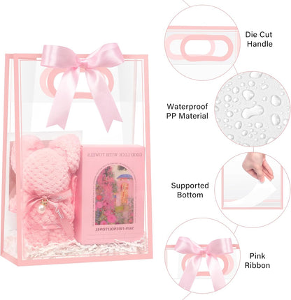 12 PCS Clear Plastic Gift Bags with Handles, Pink