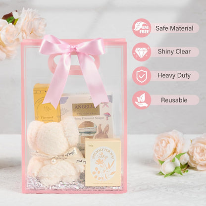 12 PCS Clear Plastic Gift Bags with Handles, Pink
