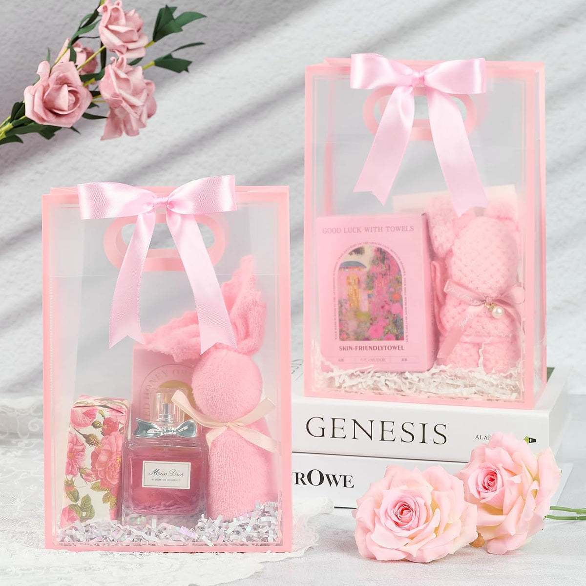 12 PCS Clear Plastic Gift Bags with Handles, Pink