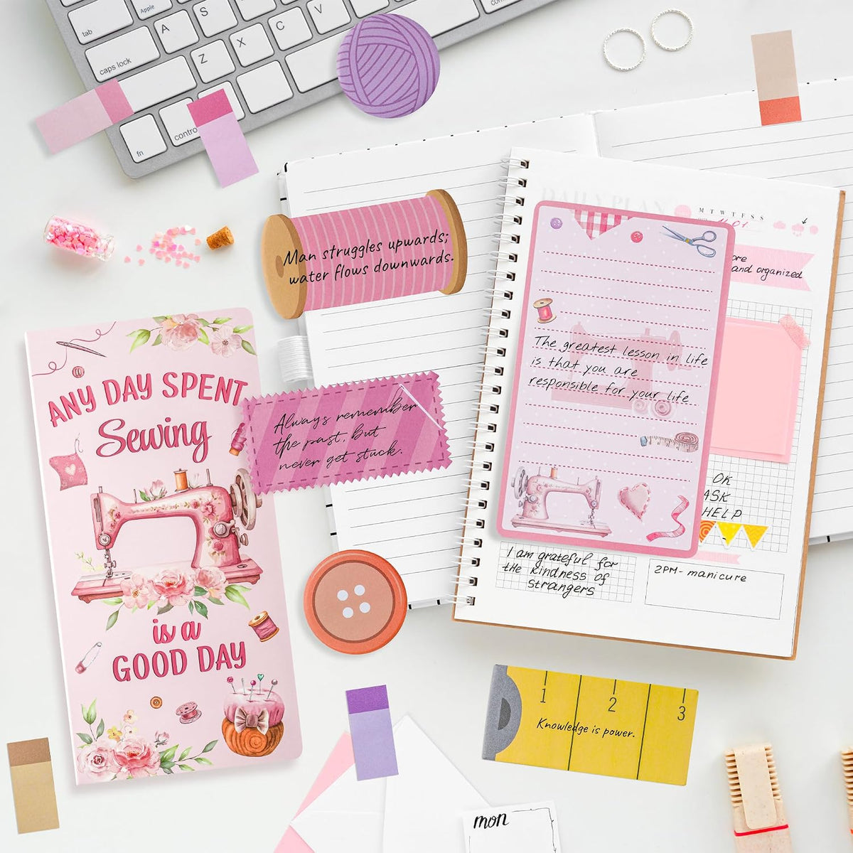 Retro Sewing Sticky Notes Set - Any Day Spent Sewing is A Good Day Self-Stick Note Pads Teacher Appreciation Notepads Writing Memo Pad Page Marker Back to School Office Supplies (Pink)