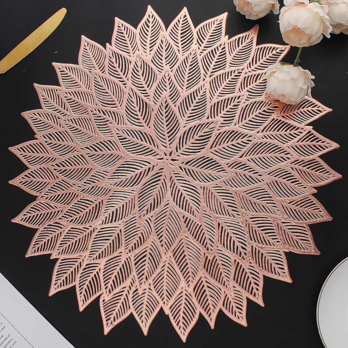 Placemats Set of 6, Round Hollow Out Pressed Blooming Leaf Table Mats