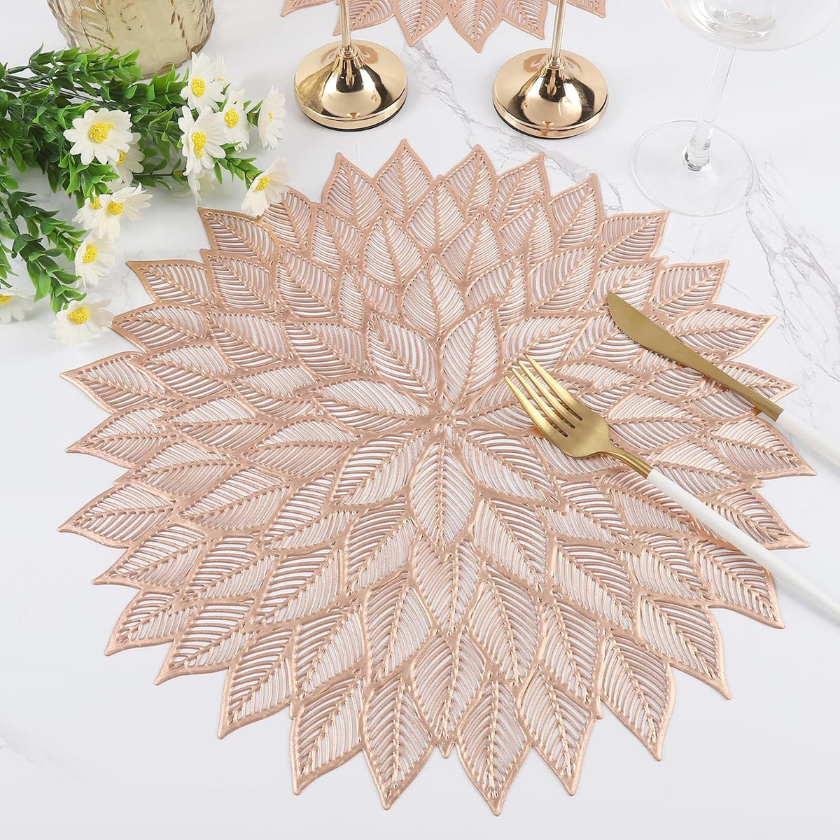 Placemats Set of 6, Round Hollow Out Pressed Blooming Leaf Table Mats