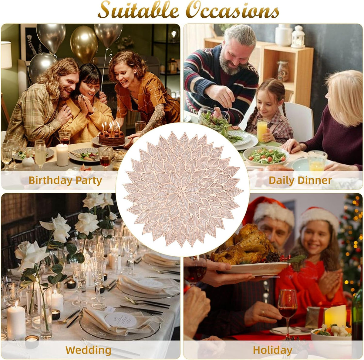 Placemats Set of 6, Round Hollow Out Pressed Blooming Leaf Table Mats