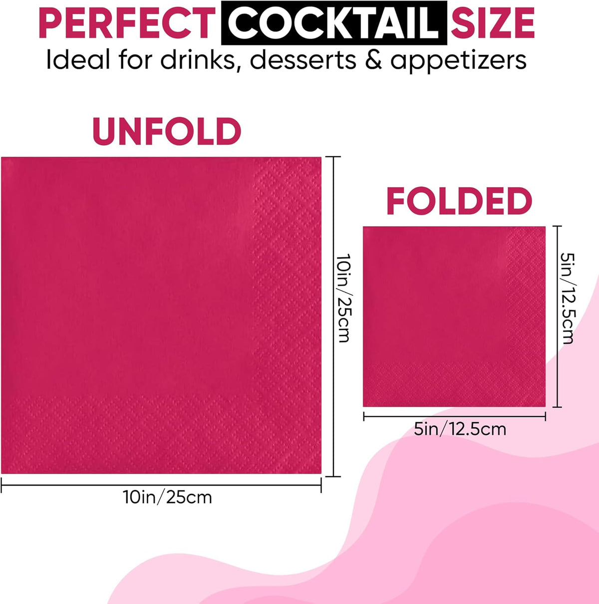 Perfect Stix Pink Beverage Napkins, 2-Ply, Disposable Cocktail Napkins for Party, Dinner, Wedding, Birthday, 50 Count
