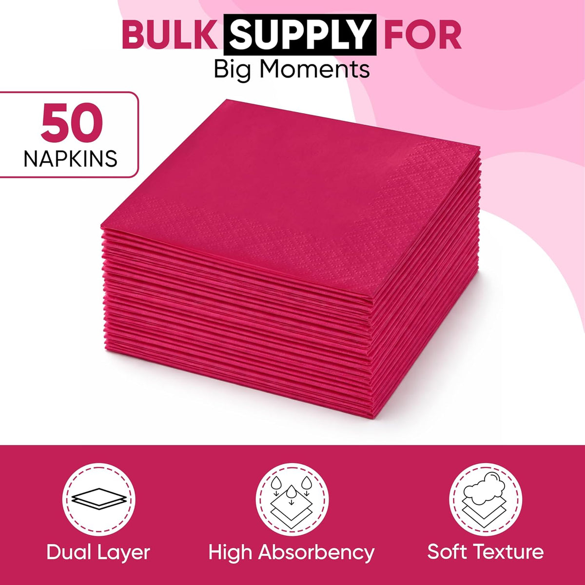 Perfect Stix Pink Beverage Napkins, 2-Ply, Disposable Cocktail Napkins for Party, Dinner, Wedding, Birthday, 50 Count