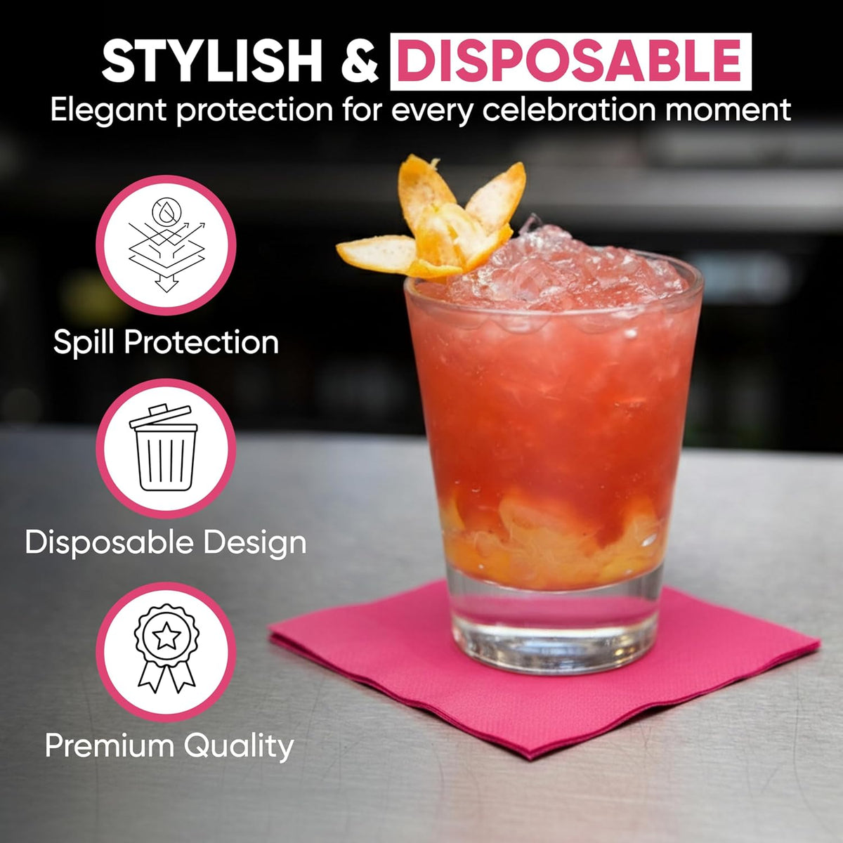 Perfect Stix Pink Beverage Napkins, 2-Ply, Disposable Cocktail Napkins for Party, Dinner, Wedding, Birthday, 50 Count