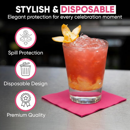 Perfect Stix Pink Beverage Napkins, 2-Ply, Disposable Cocktail Napkins for Party, Dinner, Wedding, Birthday, 50 Count