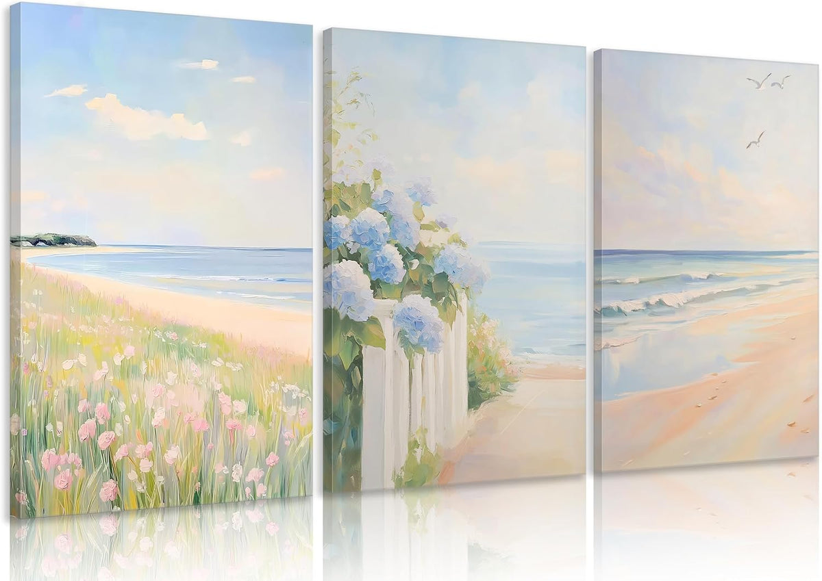 3Pcs Pastel Coastal Wall Art Pink Beach & Blue Hydrangea Pictures Wall Decor Ocean Wildflowers Posters Summer Beachy Preppy Painting Print Artwork for Beach House Bedroom Dorm Apartment, Framed