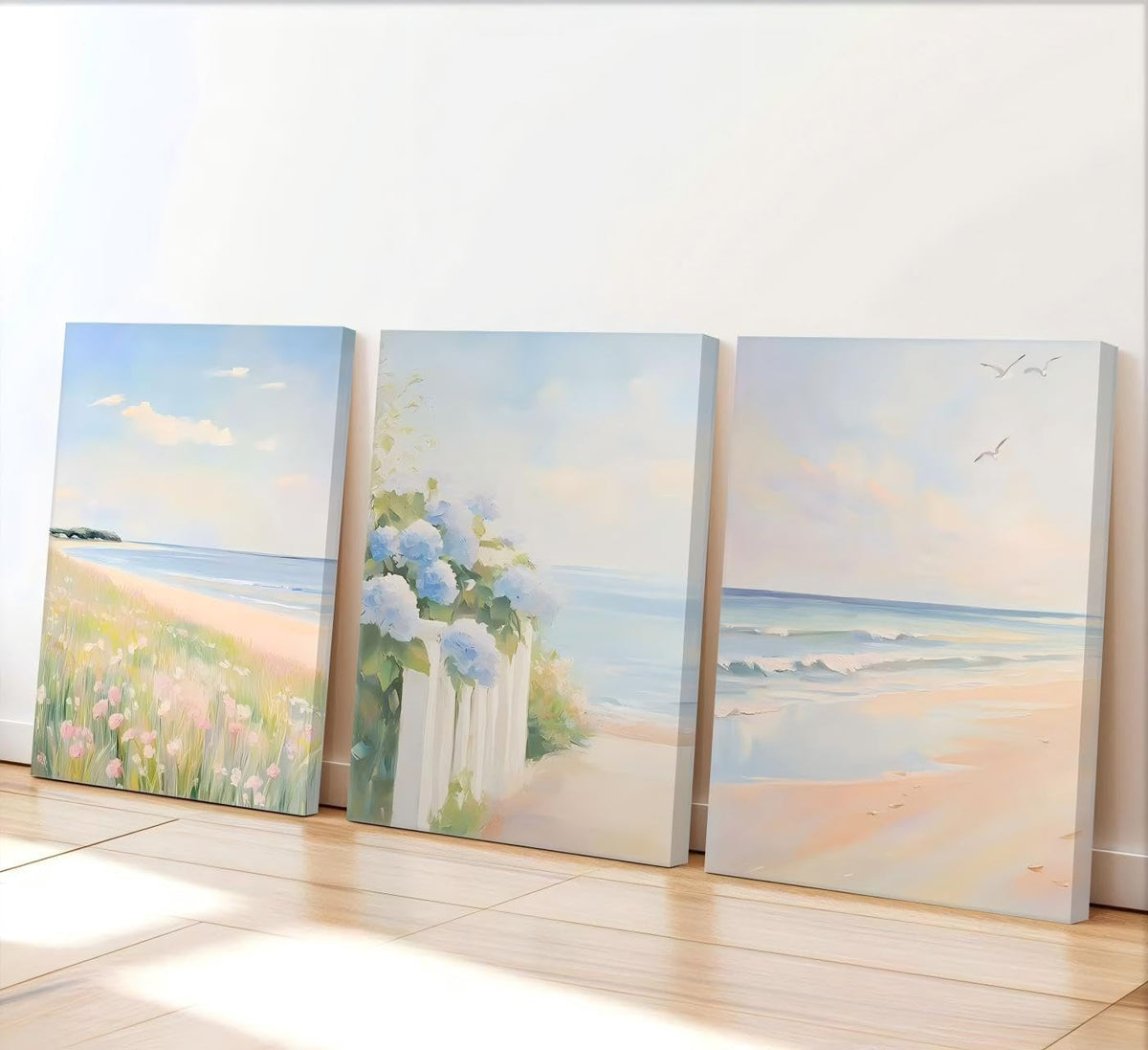 3Pcs Pastel Coastal Wall Art Pink Beach & Blue Hydrangea Pictures Wall Decor Ocean Wildflowers Posters Summer Beachy Preppy Painting Print Artwork for Beach House Bedroom Dorm Apartment, Framed