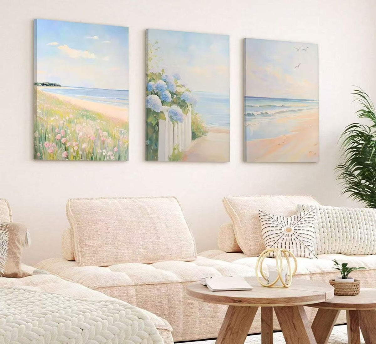 3Pcs Pastel Coastal Wall Art Pink Beach & Blue Hydrangea Pictures Wall Decor Ocean Wildflowers Posters Summer Beachy Preppy Painting Print Artwork for Beach House Bedroom Dorm Apartment, Framed