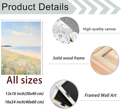 3Pcs Pastel Coastal Wall Art Pink Beach & Blue Hydrangea Pictures Wall Decor Ocean Wildflowers Posters Summer Beachy Preppy Painting Print Artwork for Beach House Bedroom Dorm Apartment, Framed