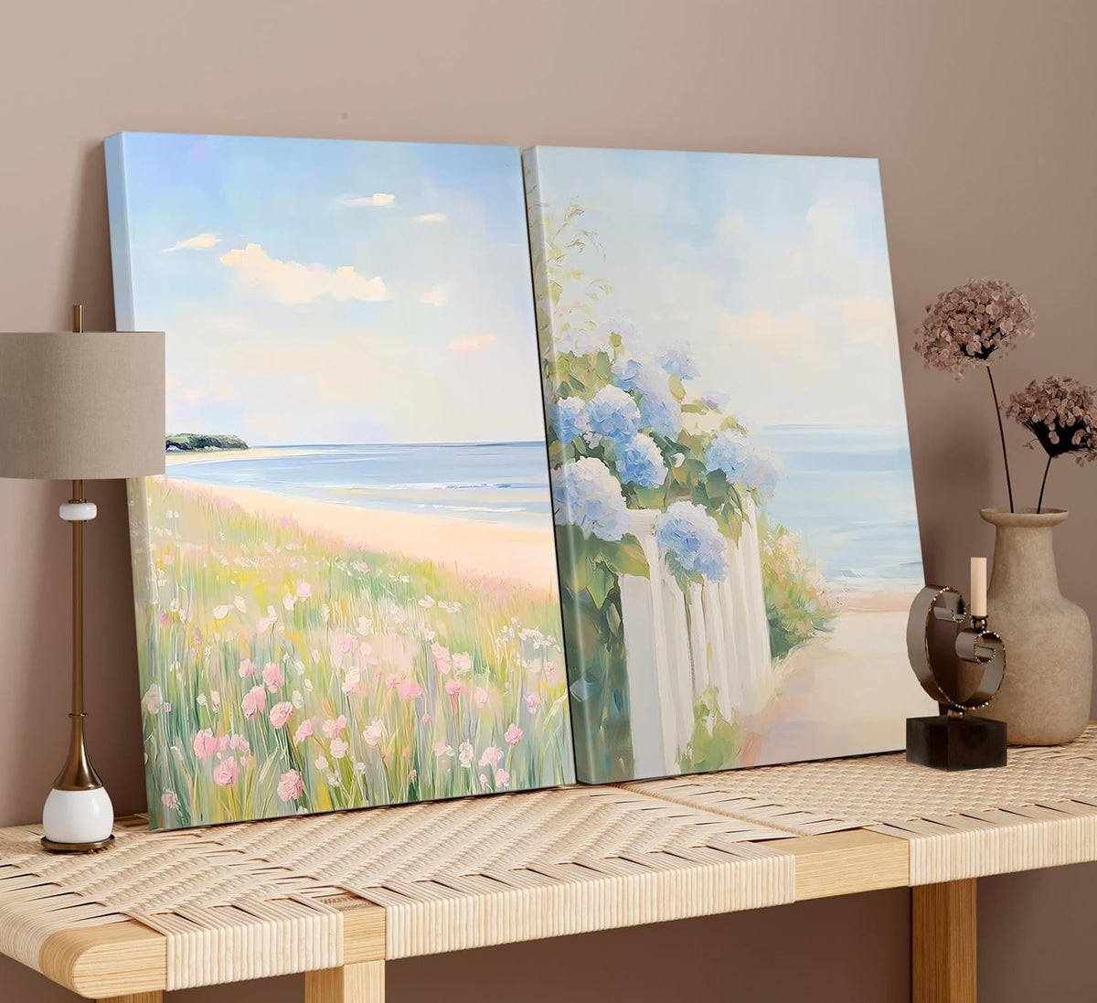 3Pcs Pastel Coastal Wall Art Pink Beach & Blue Hydrangea Pictures Wall Decor Ocean Wildflowers Posters Summer Beachy Preppy Painting Print Artwork for Beach House Bedroom Dorm Apartment, Framed