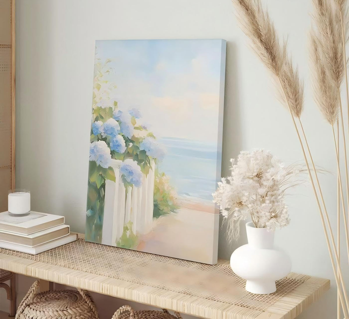 3Pcs Pastel Coastal Wall Art Pink Beach & Blue Hydrangea Pictures Wall Decor Ocean Wildflowers Posters Summer Beachy Preppy Painting Print Artwork for Beach House Bedroom Dorm Apartment, Framed