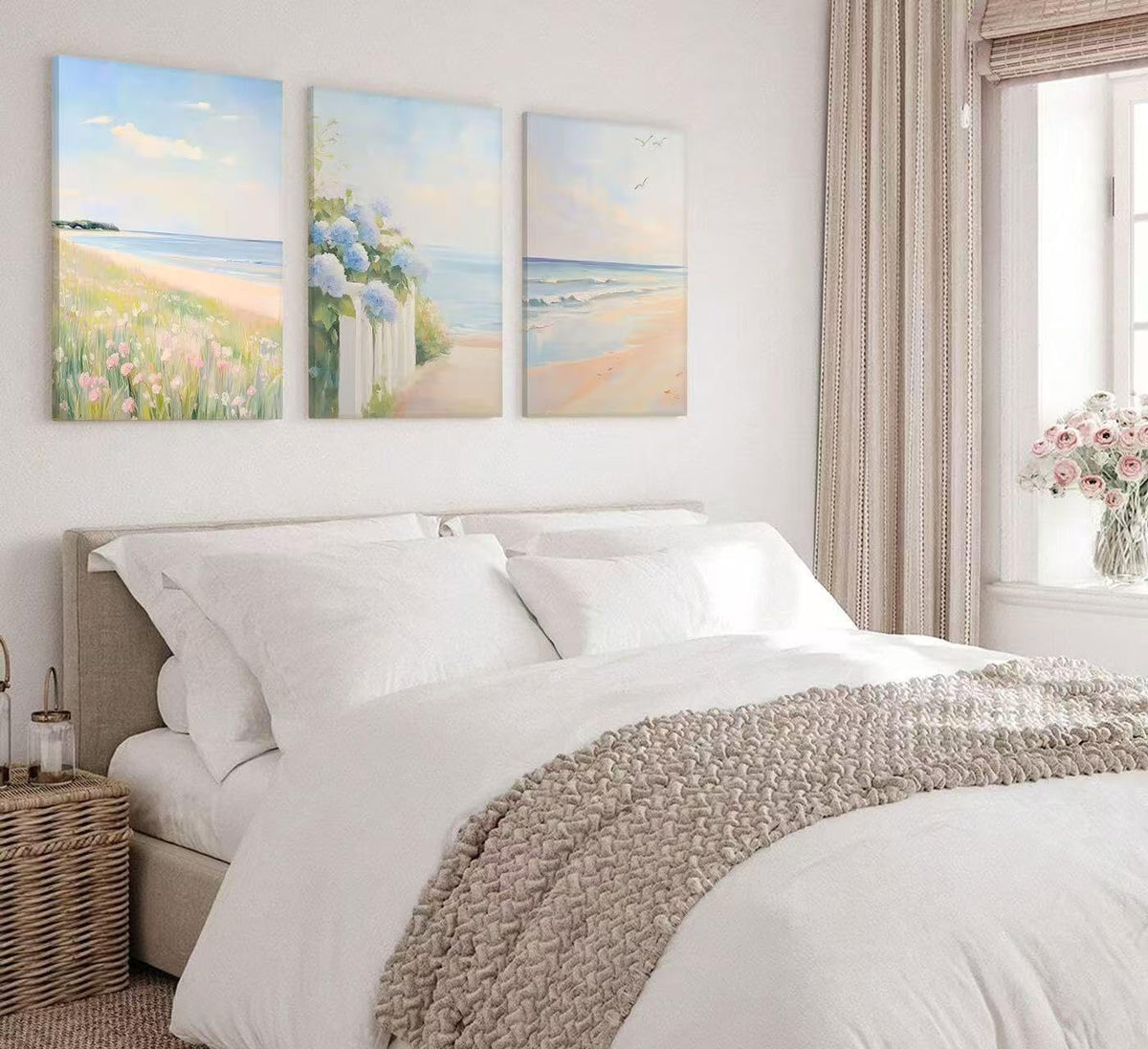 3Pcs Pastel Coastal Wall Art Pink Beach & Blue Hydrangea Pictures Wall Decor Ocean Wildflowers Posters Summer Beachy Preppy Painting Print Artwork for Beach House Bedroom Dorm Apartment, Framed