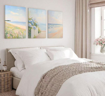 3Pcs Pastel Coastal Wall Art Pink Beach & Blue Hydrangea Pictures Wall Decor Ocean Wildflowers Posters Summer Beachy Preppy Painting Print Artwork for Beach House Bedroom Dorm Apartment, Framed
